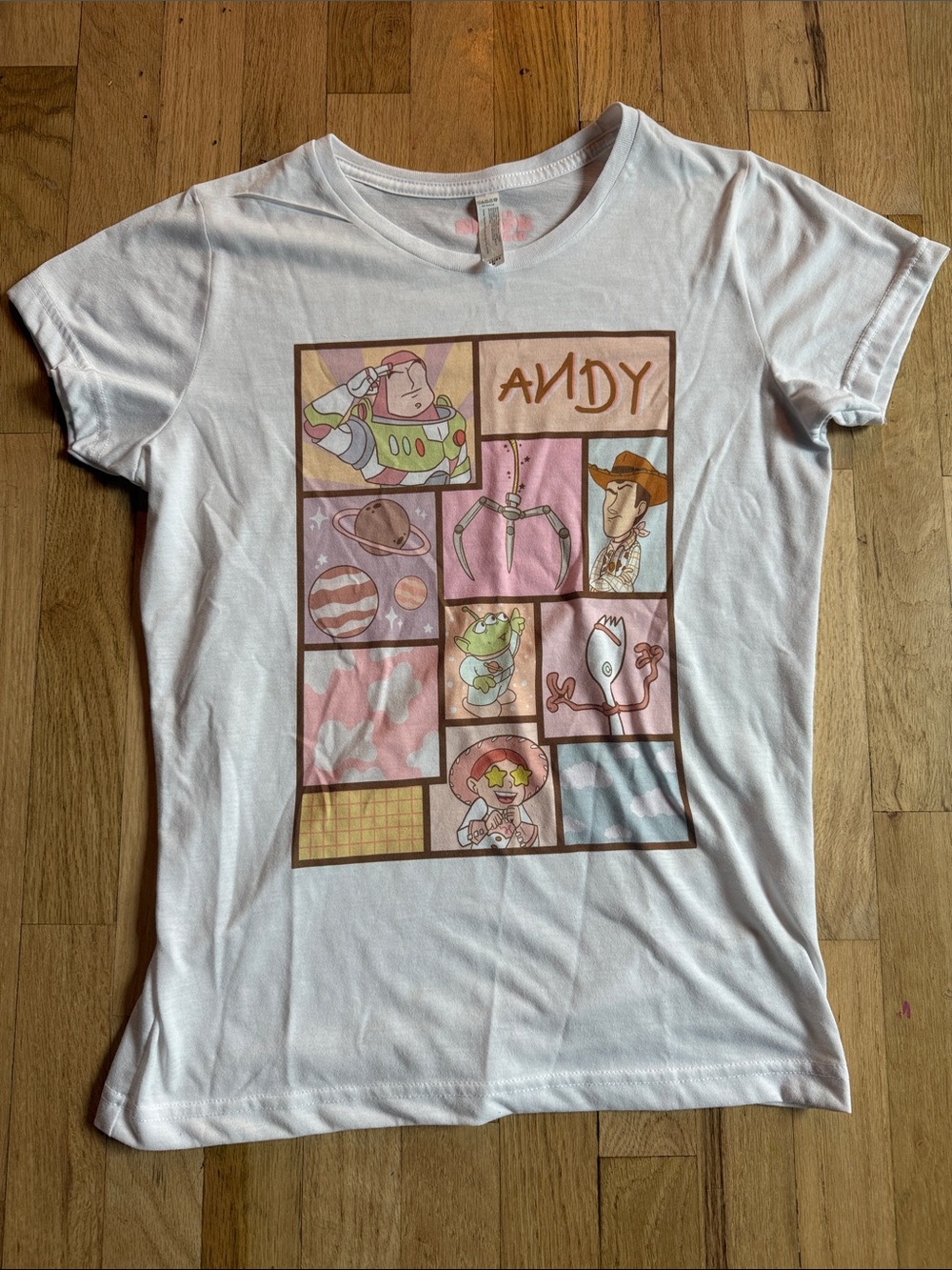 White Women’s Toy Story Graphic Tee with Pink Panel Art by Little Shark